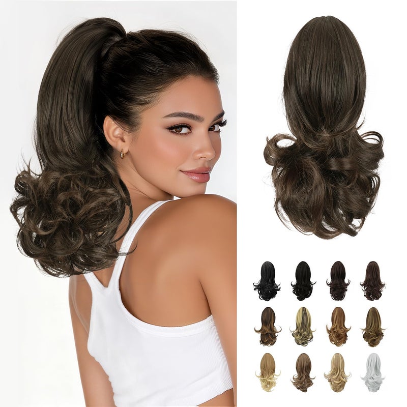 SOFEIYAN 13" Ponytail Extension Long Curly Ponytail Clip in Claw Hair Extension Natural Looking Synthetic Hairpiece for Women, Black/Medium Chestnut Brown Mix - Image 1